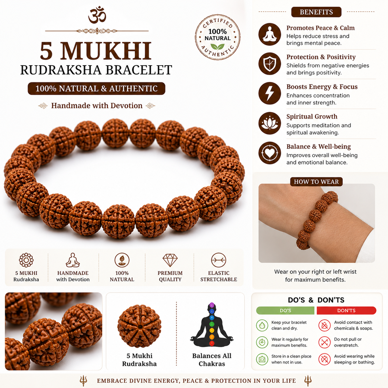 Natural 5 Mukhi Rudraksha Bracelet