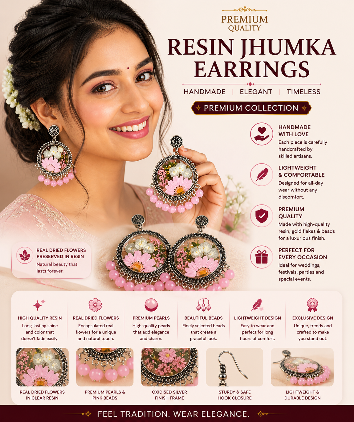 Pink Floral Resin Jhumka Earrings