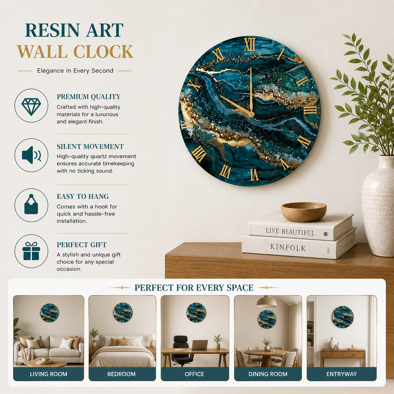 Ocean Blue Resin Art Wall Clock - Image 2