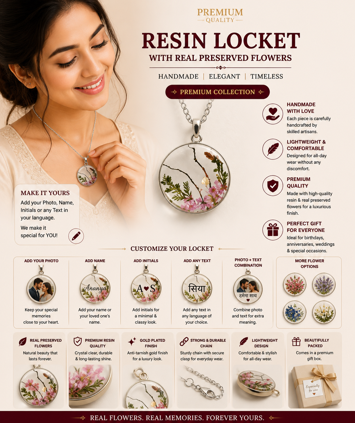 Personalized Resin Flower Locket Necklace